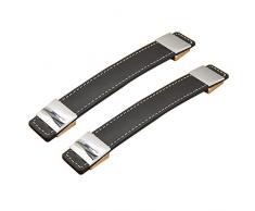 2 pezzi Pomelli per armadio in pelle,Maniglie con passante in Pelle Manopole per Nero Tiretti Cuoio Maniglione retrò accessori per ante da Cucina,Porta,cassetti,Comodino (Hole distance 160mm)