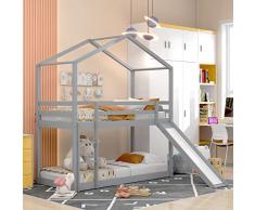 Letto A Castello Per Bambini, Letto Per Ragazzi, Letto A Castello Per Bambini, Letto A Castello Basso Con Scivolo, Struttura Del Letto A Castello In Legno Massiccio Con Telaio A Doghe 90X200Cm,Grey