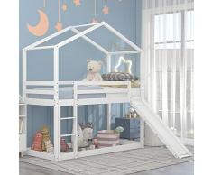 Letto per bambini 90 x 200 cm, letto a castello basso con scivolo, telaio a castello in legno massiccio con rete a doghe (bianco)
