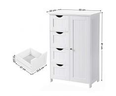 VASAGLE Armadietto Autoportante da Bagno, Mobiletto in Legno con 4 Cassetti e un’Anta, Ripiano Regolabile, per Soggiorno, Cucina, Corridoio, Bianco LHC41W