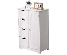 ETNIC ART Mobile Bagno Salvaspazio Cassettiere Bianca Cucina Cassettiera Ingresso Soggiorno 4 Cassetti 1 Anta Legno 55x30x81 Bianco Mobiletto Armadietto