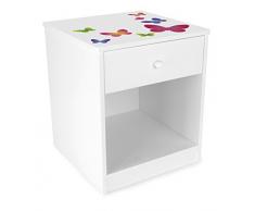 Leomark comodino classico per cameretta con cassetto e scompartimento apertoin, cassettiera per bambini in legno, colore bianco con motivo FARFALLE, dimensioni: 34cm x 33,5cm x 40cm (LxPxA)