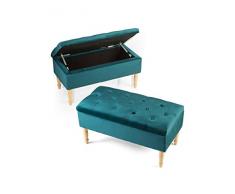 MONTEMAGGI Poggiapiedi Cassapanca Contenitore in Velluto Blu Petrolio con Gambe in Legno, 35 Litri 80X39X40 cm