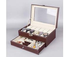 Barm Custodia per Orologio da Uomo, espositore per Cassa da 12 Slot con cassetto valletto, Scatola per Gioielli in Pelle con Fibbia in Metallo e Piano in Vetro Marrone 12x8x5 Pollici