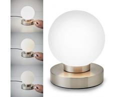 Lampada da comodino, forma a sfera, interruttore touch, luce da tavolo, abat-jour dimmerabile, metallo cromato e vetro bianco, 25W, attacco per lampadina E14 alogena (non incusa)