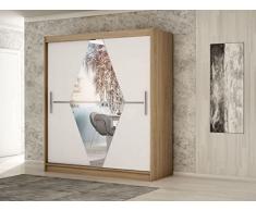 Armadio da camera con 2 ante scorrevoli e specchio, stile contemporaneo, guardaroba (bastone) con ripiani (L x A x P) 150 cm x 200 cm x 62 cm, Bola (rovere Sonoma e bianco)