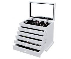 SONGMICS Scatola Portagioie in Legno con Intaglio Floreale, Custodia per Gioielli a 6 Livelli con 5 Cassetti Rimovibili, Idea Regalo, Bianco JBC55W