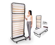 Letto Verticale a Scomparsa Salvaspazio con Materasso Ergonomico 10 CM con GEL MEMORY FOAM, Letto ORTOPEDICO 14 Doghe Legno, Struttura Robusta e Antigraffio, 80x190, Ruote, Lettino e Brandina, COMO