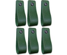 Maniglie Cuoio | Verde Navy / 6 pezzi | 16,5 x 2,5 cm | Pelle pieno fiore | 3 viti colorate | maniglie in pelle per mobili: la cucina, armadio, porta, comodino