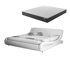Muebles Bonitos | Letto matrimoniale con Materasso di 135 x 190 cm | Letto in Ecopelle Moderno Alessia | Letto con Materasso e Reti a doghe | Colore Bianco
