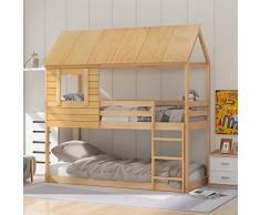 Merax Letto a castello 90 x 200 cm, letto a soppalco con protezione anti-caduta e scala, letto con tetto e finestra, letto singolo per bambini con rete a doghe, in legno, colore rovere