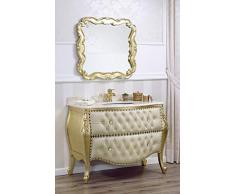 Simone Guarracino Como e Specchio Ramirez Stile Barocco Francese arredo Bagno bombato Foglia Oro Marmo Crema Ecopelle Champagne Bottoni e pomelli Swarovski