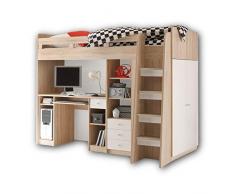 Stella Trading Unit soppalco Moderno con scrivania e Armadio 90 x 200 cm – Letto a Castello salvaspazio in Legno Quercia, Rovere Sonoma/ABS Bianco