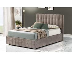 Dafne Italian Design Letto una piazza e mezza contenitore, rivestito in velluto beige - tortora, rete ortopedica a doghe in legno 139 x 207 x 114cm.