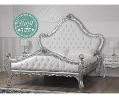 SIMONE GUARRACINO LUXURY DESIGN Letto Matrimoniale Bryanna Stile Barocco Moderno King Size Foglia Argento Ecopelle Bianca Bottoni Crystal SW