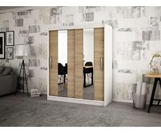 Armadio da camera con 2 ante scorrevoli e specchio in stile contemporaneo, con ripiani (LxAxP): 150 x 200 x 62 cm, colore: bianco e rovere Sonoma)
