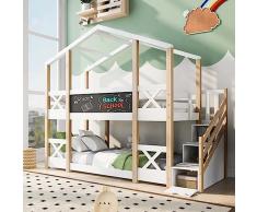 Treehouse - Lettino per bambini, 90 x 200 cm, in legno massello con lavagna, scala ad angolo retto con vano portaoggetti e letto a castello per bambini a prova di caduta, 2 doghe a doghe, colore:
