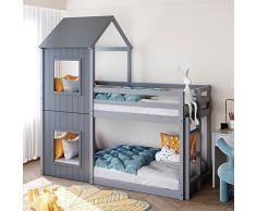 Merax Letto a castello con scala, per bambini, letto a castello con protezione anti-caduta e rete a doghe, in legno, per ragazze e ragazzi, letto da gioco con baldacchino, 200 x 90 cm, grigio