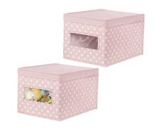 mDesign Set da 2 Scatola contenitore - Scatole per armadi a pois in tessuto ideali per vestiti e scarpe - Pratico portabiancheria grande con coperchio e oblò - rosa/bianco