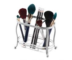 mDesign Make-up organizer per lavabo o armadietto a specchio – Portaoggetti per trucchi in metallo e plastica – Portaspazzole con 3 sezioni e ripiano estraibile – argento e trasparente
