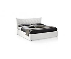 Letto matrimoniale imbottito con contenitore mod.Onda rivestito in tessuto sabbia
