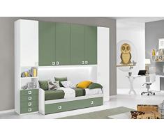 Dafne Italian Design Cameretta Completa a Ponte - Bianco, Salvia (Doppio Letto Singolo e Armadio) (cm. 300 x 96 x 259h)