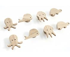 Set di 4 maniglie per mobili per bambini, in legno di quercia non trattato, per comò, armadio, cassetto, porta, camera dei bambini, regalo (4, cravatte, balene, qualle, tartaruga)