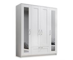 SALIAS Armadio con ante a specchio bianco - Versatile armadio a 4 ante per la camera da letto - 157 x 191 x 51 cm