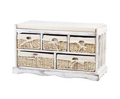 Miadomodo Cassapanca Portaoggetti con Cuscino e 5 Cassetti Ceste in Vimini Mobile Panchina Shabby Vintage Rustica Bianca