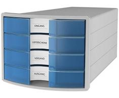 HAN 1012-64 Cassettiera IMPULS, design innovativo ed attrattivo di alta qualità. Con 4 cassetti chiusi e con grandi etichette per la descrizione del contenuto, grigio chiaro/ traslucente-blu.