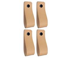 Maniglie Cuoio | Naturel / 4 pezzi | 16,5 x 2,5 cm | Pelle pieno fiore | 3 viti colorate | maniglie in pelle per mobili: la cucina, armadio, porta, comodino