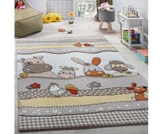 Paco Home Tappeto per Bambini per Cameretta con Divertenti Animali della Fattoria Taglio Sagomato Beige Grigio, Dimensione:80x150 cm