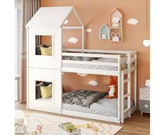 Lettino per bambini, Lettino a castello, 90 x 200 cm, profondità del pavimento, con scala e baldacchino (bianco)