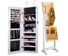 Camabel Portagioie Armadio Armadietto per gioielli con specchio 152x36.5x10cm Armadietto con specchio chiudibile a chiave con specchio e specchio pieghevole interno per trucco bianco