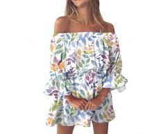 Abito Grigio Argento Abiti Estivi per Le Donne Vintage Print Beach Sexy con Spalle Scoperte Tunica Prendisole Casual Loose Fit Manica a Campana Mini Abito Floreale Cassettiera Porta Abiti (Green, M)