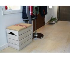 Liza Cassapanca di legno, colore: bianco anticato, Panca, Pouf, Sgabello Vintage con sedile comodo rivestito di tessuto. Mobile per esterno da Scarpe, Giocattoli. Pino nordico massiccio – 50 x 45 x 36 cm linee rosse