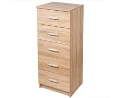 BAKAJI Mobile Cassettiera Mobiletto 5 Cassetti in Legno MDF Pomelli in Metallo Design Moderno Arredamento Casa Camera da Letto Dimensione 35 x 41 x 108 cm (Quercia)
