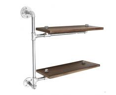 Tutoy 2 Tier Industrial Pipe Parete Mensola Staffa Vintage Storage Armadio Espositore Scaffalature Rack - Argento