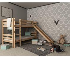 Furnneo Letto a castello con scivolo o senza scivolo in colore naturale o bianco, letto a soppalco in faggio massiccio, con reti a griglia 90 x 200 cm, divisibile