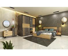 Camera da Letto Matrimoniale Completa con Armadio 2 Ante Battenti Letto Matrimoniale con Comodini e Comò Dotato di 2 Cassetti 1 Anta e 1 Specchio Cemento Scuro e Quercia Dorata CDLU31