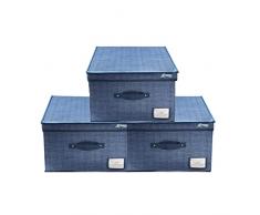 VIRSUS Set 3 Scatole Maxi Portaoggetti Pieghevole in tessuto blu con coperchio 6924, misura 50x40x25 cm, contenitore salvaspazio con maniglia e Portaetichetta per Armadio organizer vestiti, accessori