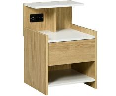 homcom Comodino moderno con 2 Prese e porte USB e Cassetto in truciolato, 40x40x60cm, Color Legno