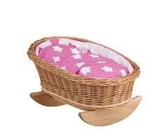 Un letto a dondolo, una culla a dondolo, una rete in vimini per bambole, letto delle bambole.