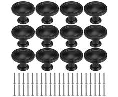 HonGien 12PCS Vintage Antique Mobili Pomelli Maniglie per cassetti con viti di 2 dimensioni (22 mm/25 mm), Manopola diametro 30 mm per cassettiera cucina, Nero