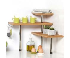 BAKAJI Mensola Scaffale Angolare per Cucina 3 Ripiani Legno Bambù Struttura in Acciaio Mobile Angolare Portaspezie Portaoggetti con Ganci (Naturale)
