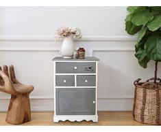 Rebecca Mobili Cassettiera Armadietto 3 Cassetti 1 Anta Legno Paulownia Bianco Grigio Shabby Vintage Cucina Bagno Ingresso (cod. RE4327)