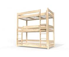 ABC MEUBLES - Letto a Castello 3 posti 90x190 Legno - TRI3 - Legno Grezzo, 90x190