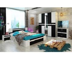 Camera da Letto Completa Nera e Bianca con Armadio ad Ante Battenti Letto Matrimoniale 2 Comodini e 1 Cassettiera Set Arredamento Moderno CDLU18 (camera + materasso)