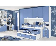 Dafnedesign.Com - Cameretta Completa a Ponte - Bianco, Avio (Triplo Letto Singolo e Armadio) (cm. 300 x 96 x 259h)