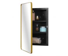 Fundin Armadio a specchio in plastica, porta a specchio con bordo smussato con cornice rotonda in metallo, incasso e montaggio superficiale, dorato, 40 x 61 cm